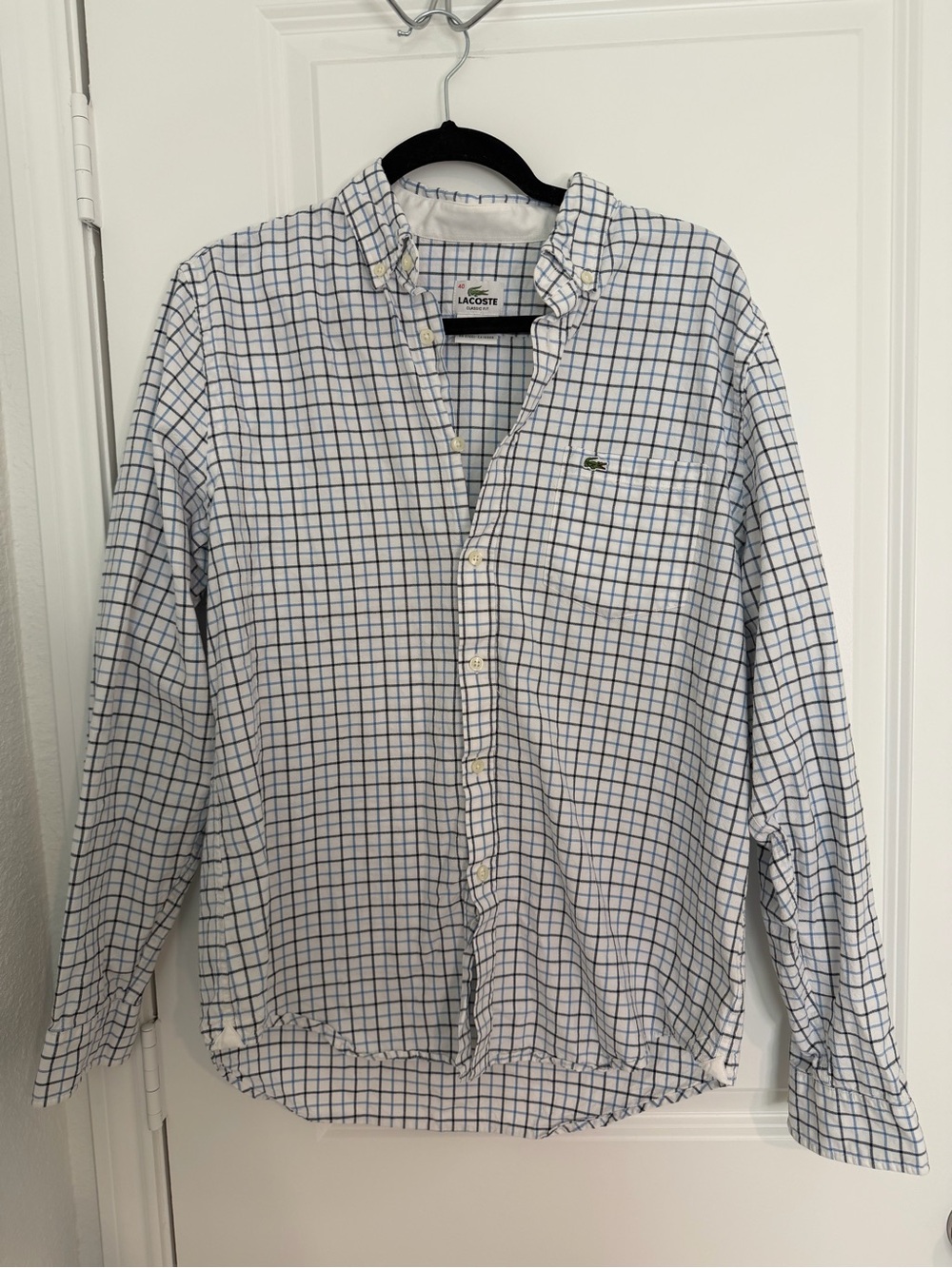 Lacoste Men’s White Shirt with Blue Windowpane Check
